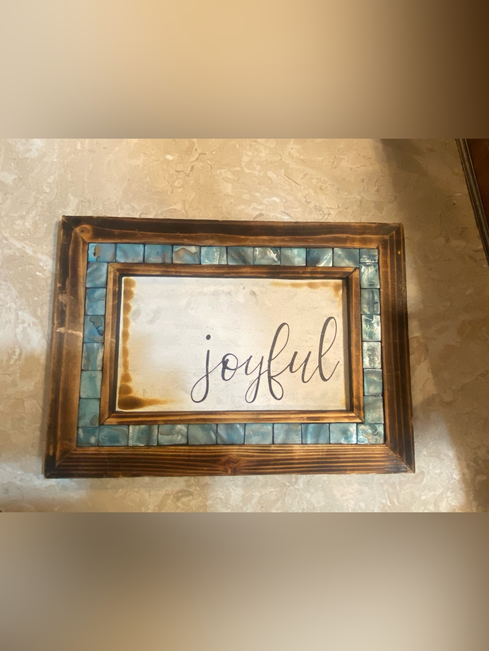 Joyful Framed Wall Art with Aqua Tile and Rustic Brown Frame